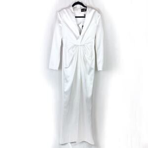 RASARIO White Satin Draped Long Sleeve V Neck Gown Dress Size FR 40 US 6 NWT